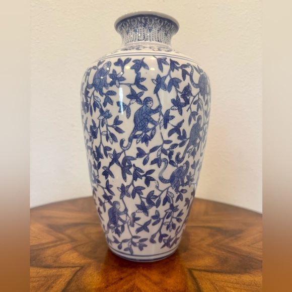 Other - Vintage Chinese Chinoiserie Blue and White Porcelain Vase with Lotus / Monkey